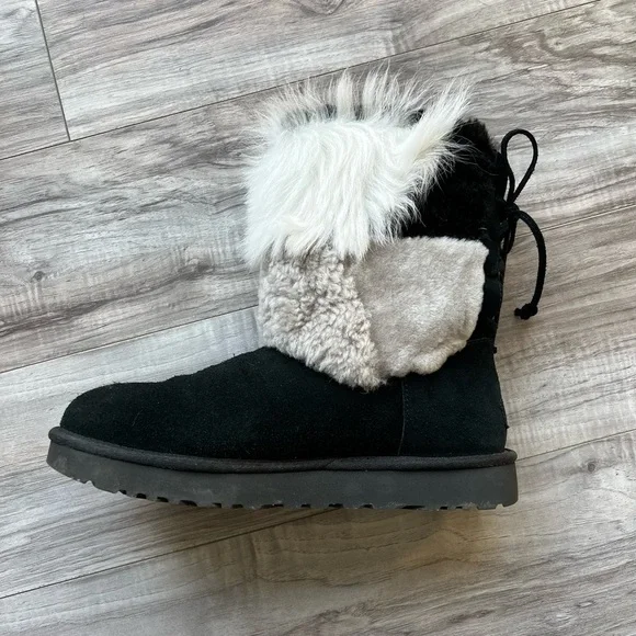Ugg Boots Patchwork fluff white beige black shoe 10 shearling - Picture 10 of 13